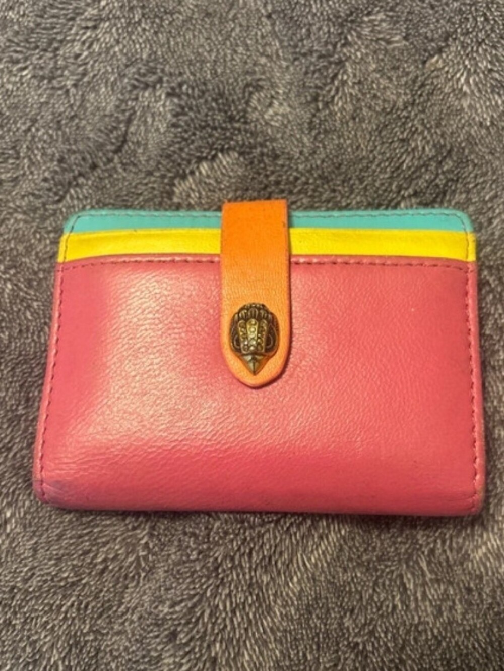 Kurt Geiger Colorful Pink Leather Wallet with Orange Strap and Multicolor Trim